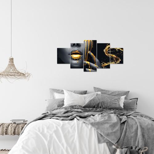 Runa Art Wandbilder Lippen Gold Schwarz 5 Teilig Bild auf Vlies Leinwand Deko Wohnzimmer Schlafzimmer Kosmetik Fashion Frau 041552a