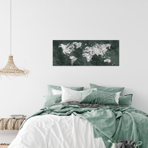 Runa Art Wandbild Weltkarte 1 Teilig 100 x 40 cm Modern Bild auf Vlies Leinwand Karte Beton Büro Wohnzimmer Grün 002912c