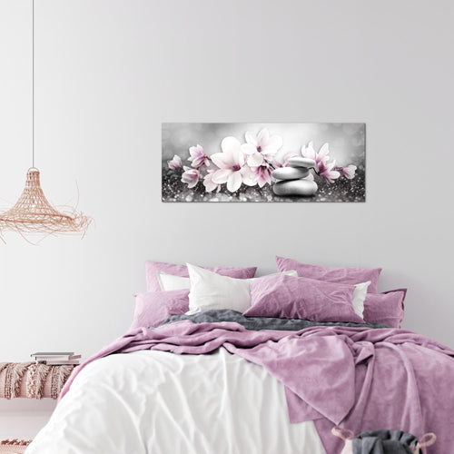 Runa Art Wandbild Blumen Magnolien 1 Teilig 100 x 40 cm Modern Bild auf Vlies Leinwand Abstrakt Wohnzimmer Grau Rosa 035412a
