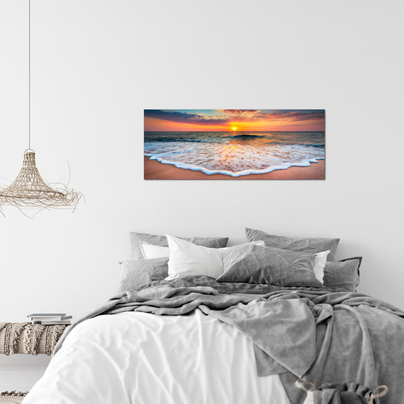 Runa Art Wandbild Strand Meer 100 x 40 cm Modern Bild auf Vlies Leinwand Sonnenuntergang Wohnzimmer Schlafzimmer Orange 044512a