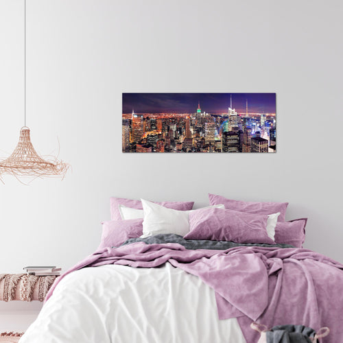 Runa Art Wandbild New York Skyline 1 Teilig 100 x 40 cm Modern Bild auf Vlies Leinwand Städte Wohnzimmer Büro Violett Lila 036212a
