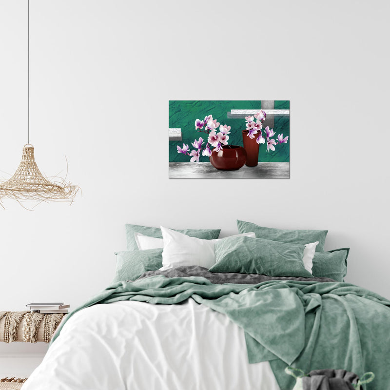 Runa Art Bild Blumen Abstrakt Modern Wandbilder Wohnzimmer 1 Teilig - Made In Germany - Blumenvase Türkis Grau Flur 035215b