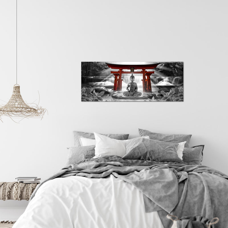 Runa Art Wandbild Feng Shui Buddha 1 Teilig 100 x 40 cm Modern Bild auf Vlies Leinwand Zen Wohnzimmer Schlafzimmer Rot Grau 036412c