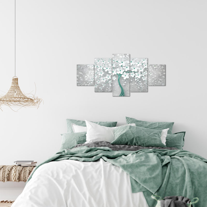 Runa Art Wandbilder Blumen 5 Teilig Bild auf Vlies Leinwand Deko Wohnzimmer Abstrakt Baum Weiss Türkis 039752b