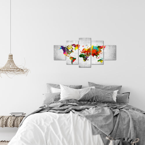 Runa Art Wandbilder Weltkarte 5 Teilig Bild auf Vlies Leinwand Deko Büro Wohnzimmer Landkarte Beton Bunt 105152c