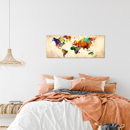 Runa Art Wandbild Weltkarte 1 Teilig 100 x 40 cm Modern Bild auf Vlies Leinwand Kontinente Landkarte Büro Wohnzimmer Bunt 105112a