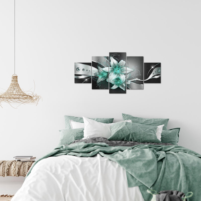 Runa Art Wandbilder Blumen Lilien 5 Teilig Bild auf Vlies Leinwand Deko Wohnzimmer Abstrakt Schwarz Türkis 039652b