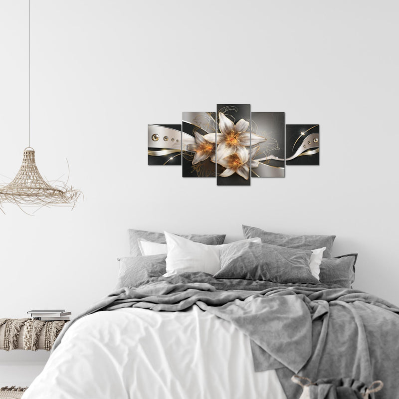 Runa Art Wandbilder Blumen Lilien 5 Teilig Bild auf Vlies Leinwand Deko Wohnzimmer Abstrakt Gelb Gold 039652a