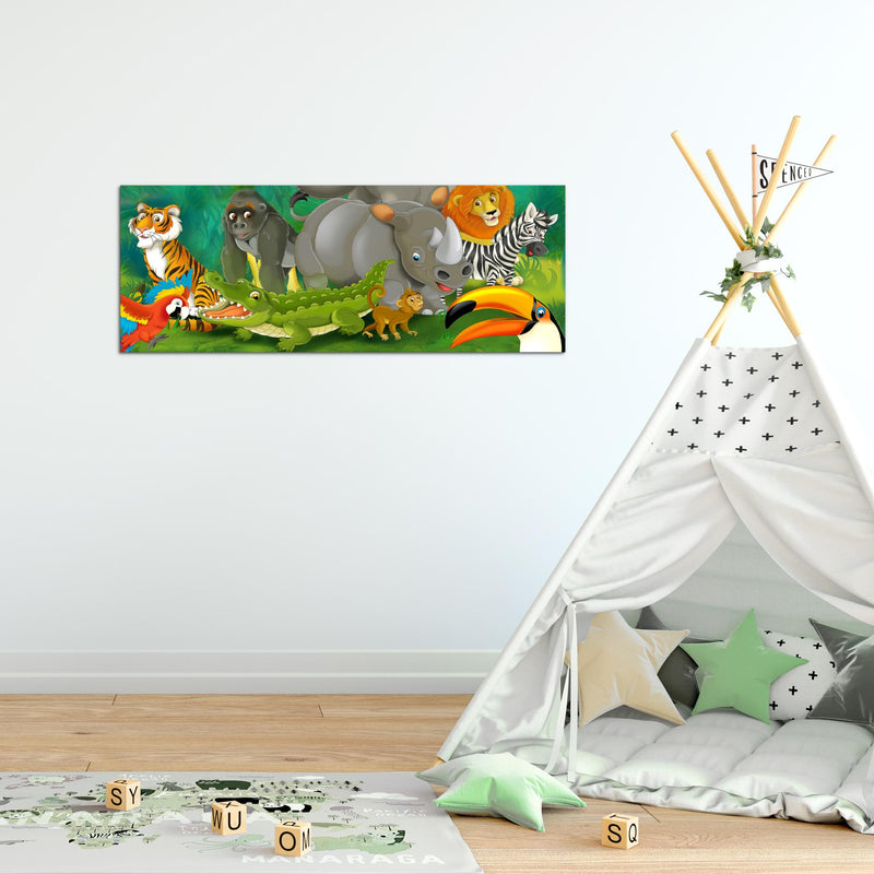 Runa Art Wandbild Tiere Dschungel 1 Teilig 100 x 40 cm Modern Bild auf Vlies Leinwand Kinderzimmer Spielzimmer Baby Bunt 001812a