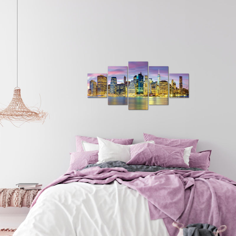 Runa Art Wandbilder New York City 5 Teilig Bild auf Vlies Leinwand Deko Wohnzimmer Büro Amerika NY Lila Bunt 010052c