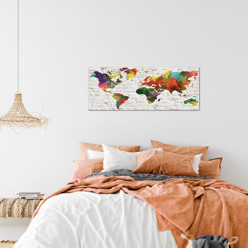 Runa Art Wandbild Weltkarte 1 Teilig 100 x 40 cm Modern Bild auf Vlies Leinwand Steinwand Büro Wohnzimmer Grau Bunt 106912b