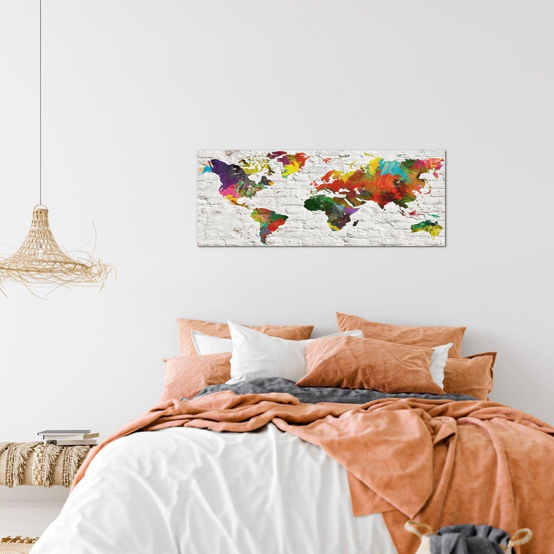 Runa Art Wandbild Weltkarte 1 Teilig 100 x 40 cm Modern Bild auf Vlies Leinwand Steinwand Büro Wohnzimmer Grau Bunt 106912b