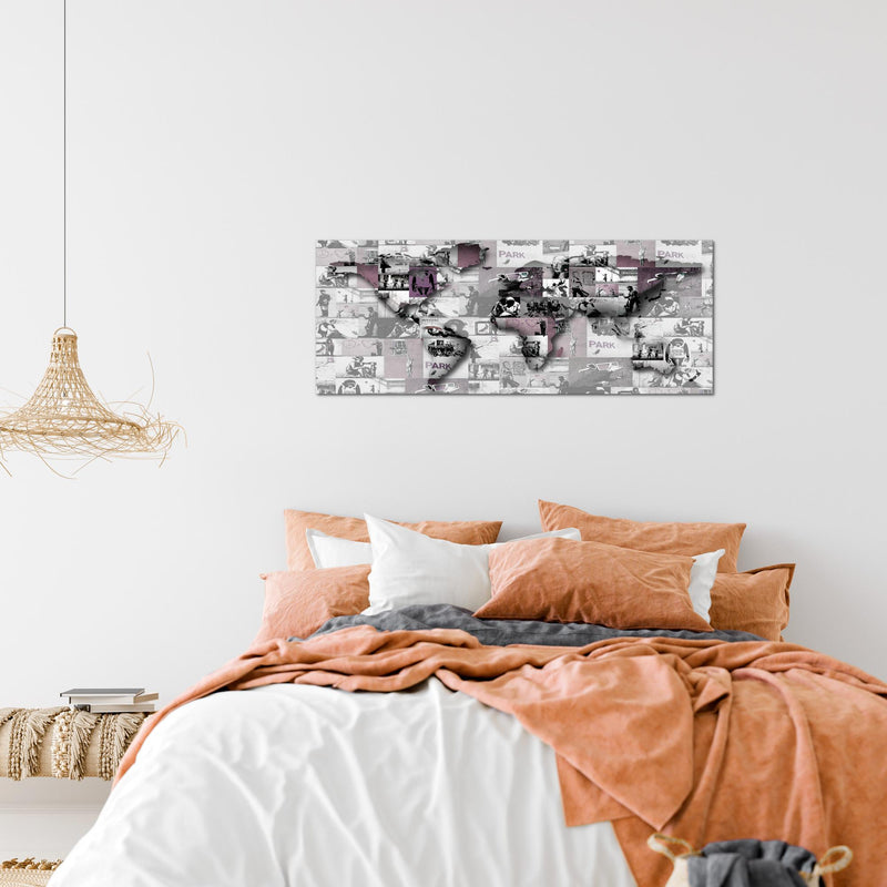 Runa Art Wandbild Weltkarte Banksy Collage 1 Teilig 100 x 40 cm Modern Bild auf Vlies Leinwand Pop Art Loft Wohnzimmer Rosa 104512b