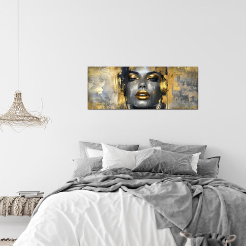 Runa Art Wandbild Abstrakt 100 x 40 cm Modern Bild auf Vlies Leinwand Gold Wohnzimmer Schlafzimmer Büro Gesicht 052812a