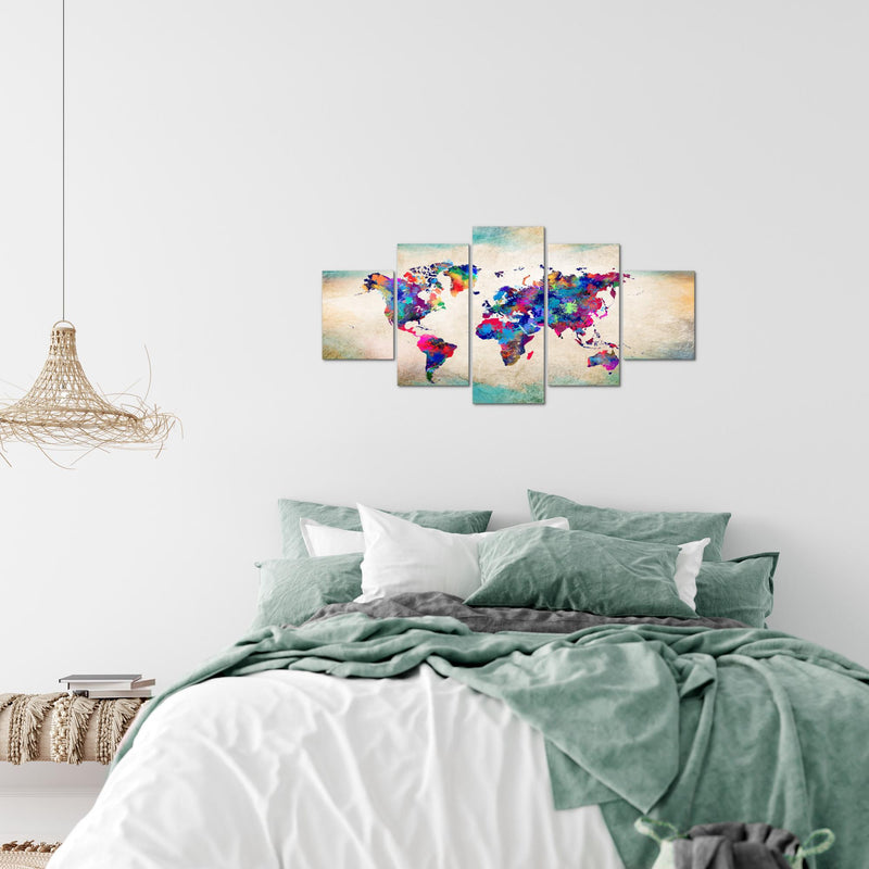 Runa Art Wandbilder Weltkarte 5 Teilig Bild auf Vlies Leinwand Deko Büro Wohnzimmer Vintage Kontinente Bunt 013352a