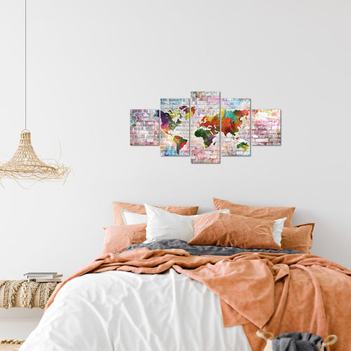 Runa Art Wandbilder Weltkarte 3D Effekt 5 Teilig Bild auf Vlies Leinwand Deko Büro Wohnzimmer Ziegel Farbenfroh Bunt 106952a