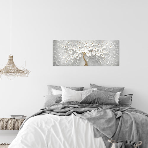 Runa Art Wandbild Blumen 1 Teilig 100 x 40 cm Modern Bild auf Vlies Leinwand Abstrakt Baum Wohnzimmer Weiss Gold 039712a