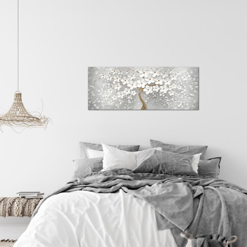 Runa Art Wandbild Blumen 1 Teilig 100 x 40 cm Modern Bild auf Vlies Leinwand Abstrakt Baum Wohnzimmer Weiss Gold 039712a
