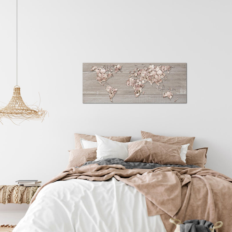 Runa Art Wandbild Weltkarte Blumen 1 Teilig 100 x 40 cm Modern Bild auf Vlies Leinwand Holzwand Wohnzimmer Beige Braun 023212c