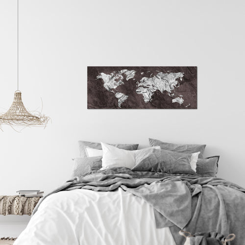 Runa Art Wandbild Weltkarte 1 Teilig 100 x 40 cm Modern Bild auf Vlies Leinwand Landkarte Beton Büro Wohnzimmer Braun 002912b