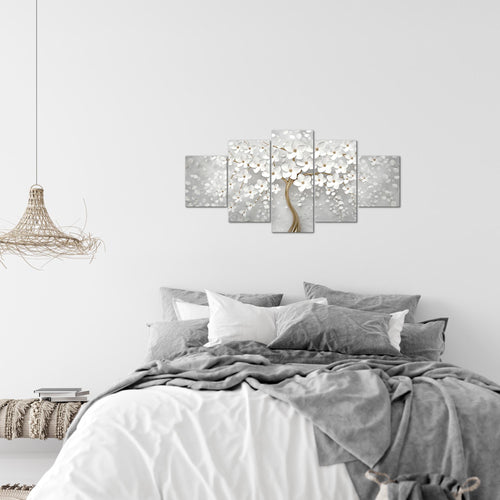 Runa Art Wandbilder Blumen 5 Teilig Bild auf Vlies Leinwand Deko Wohnzimmer Abstrakt Baum Weiss Gold 039752a