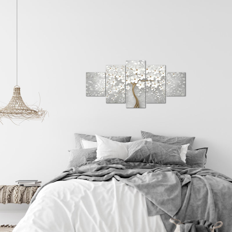 Runa Art Wandbilder Blumen 5 Teilig Bild auf Vlies Leinwand Deko Wohnzimmer Abstrakt Baum Weiss Gold 039752a