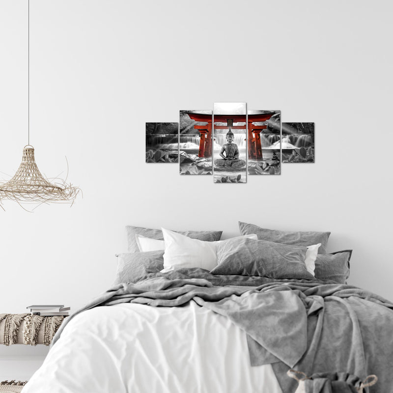 Runa Art Wandbilder Feng Shui Buddha 5 Teilig Bild auf Vlies Leinwand Deko Wohnzimmer Schlafzimmer Zen Rot Grau 036452c