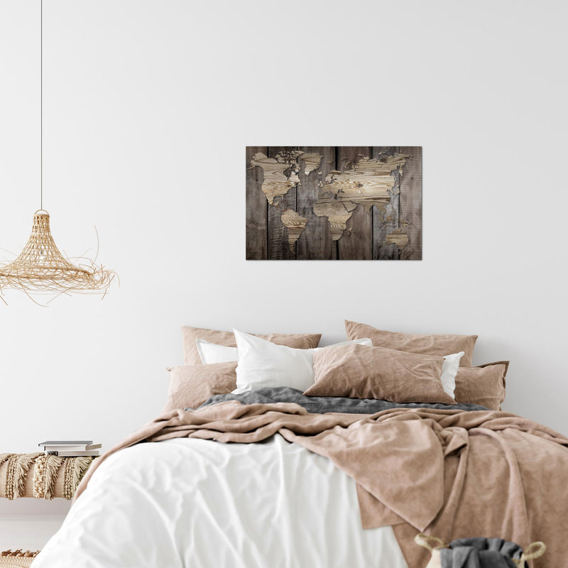 Runa Art Bild Weltkarte Modern Wandbilder Büro Wohnzimmer 1 Teilig - Made In Germany - Holzoptik Beige Braun Flur 035015b