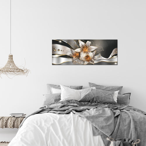 Runa Art Wandbild Blumen Lilien 1 Teilig 100 x 40 cm Modern Bild auf Vlies Leinwand Abstrakt Wohnzimmer Gelb Gold 039612a