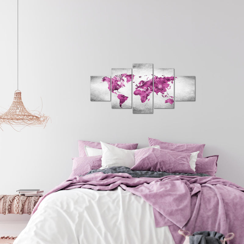 Runa Art Wandbilder Weltkarte 5 Teilig Bild auf Vlies Leinwand Deko Büro Wohnzimmer Vintage Rosa Grau 013352c