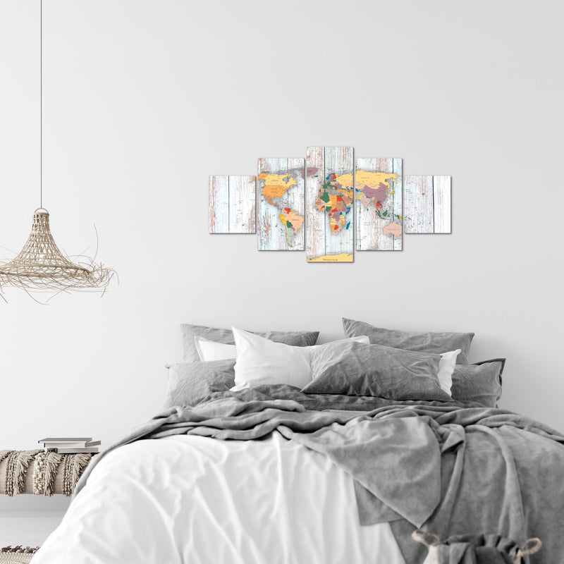 Runa Art Wandbilder Weltkarte Holz 5 Teilig Bild auf Vlies Leinwand Deko Büro Wohnzimmer Landkarte Weiss 108752b