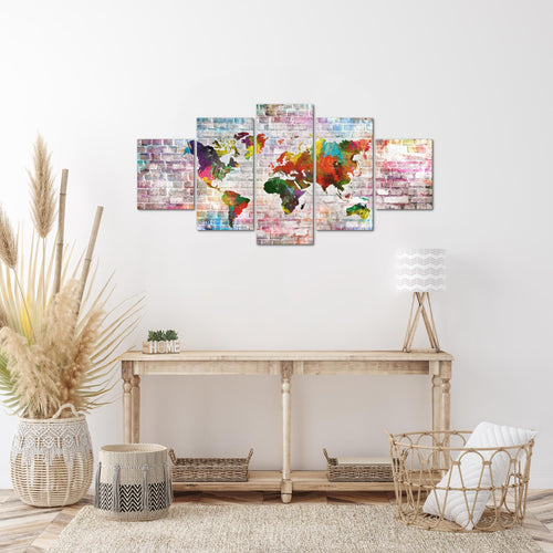 Runa Art Wandbilder Weltkarte 3D Effekt 5 Teilig Bild auf Vlies Leinwand Deko Büro Wohnzimmer Ziegel Farbenfroh Bunt 106952a