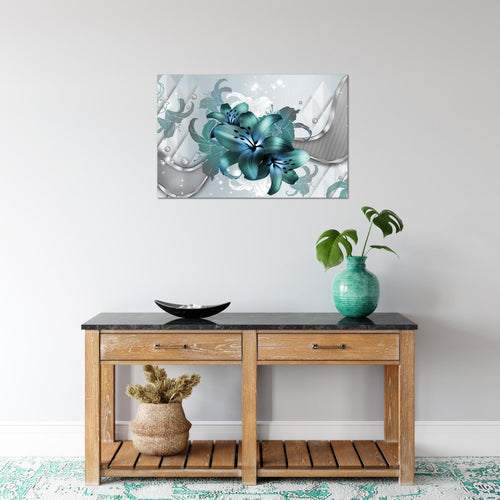 Runa Art Bild Blumen Lilien Modern Wandbilder Wohnzimmer 1 Teilig - Made In Germany - Abstrakt Grau Türkis Flur 016515a