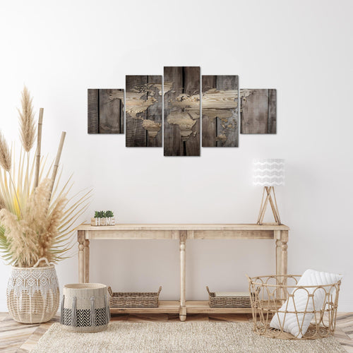 Runa Art Wandbilder Weltkarte 5 Teilig Bild auf Vlies Leinwand Deko Büro Wohnzimmer Holzoptik Beige Braun 035052b