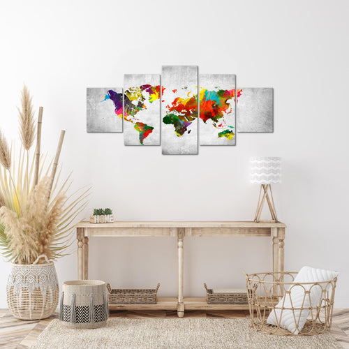 Runa Art Wandbilder Weltkarte 5 Teilig Bild auf Vlies Leinwand Deko Büro Wohnzimmer Landkarte Beton Bunt 105152c