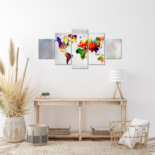 Runa Art Wandbilder Weltkarte 5 Teilig Bild auf Vlies Leinwand Deko Büro Wohnzimmer Kontinente Beton Bunt 108852a
