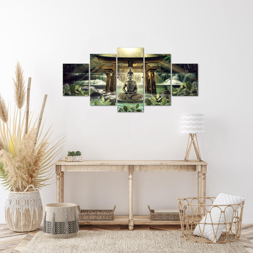 Runa Art Wandbilder Feng Shui Buddha 5 Teilig Bild auf Vlies Leinwand Deko Wohnzimmer Schlafzimmer Spa Grün Braun 036452a