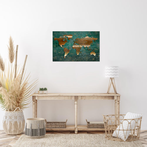 Runa Art Bild Weltkarte Modern Wandbilder Wohnzimmer Büro 1 Teilig - Made In Germany - Antik Grün Braun Flur 109015b
