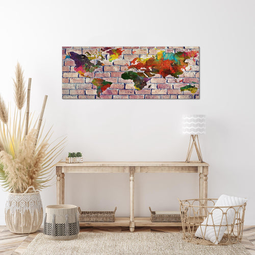 Runa Art Wandbild Weltkarte 1 Teilig 100 x 40 cm Modern Bild auf Vlies Leinwand Ziegelwand Büro Wohnzimmer Rot Bunt 106912c