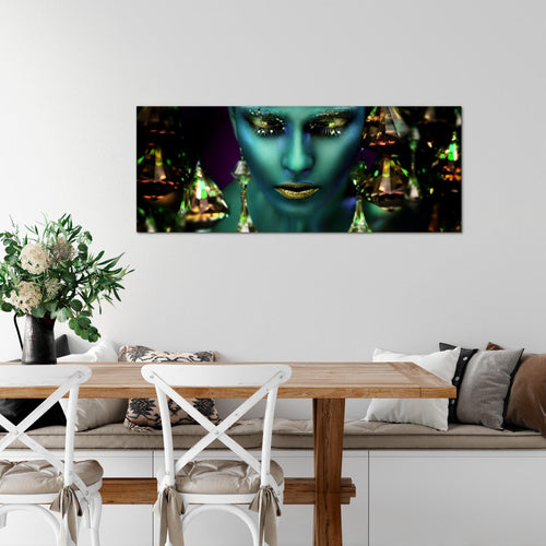 Runa Art Wandbild Frau Gesicht Lippen 100 x 40 cm Modern Bild auf Vlies Leinwand Kosmetik Fashion Wohnzimmer Schlafzimmer Türkis Gold 042112a