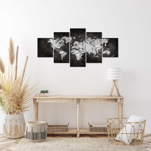 Runa Art Wandbilder Weltkarte 5 Teilig Bild auf Vlies Leinwand Deko Büro Wohnzimmer Kontinente Schwarz Weiss 002952a