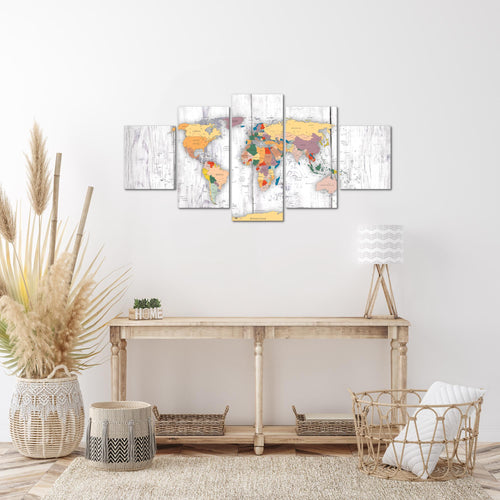 Runa Art Wandbilder Weltkarte Holz 5 Teilig Bild auf Vlies Leinwand Deko Büro Wohnzimmer Kontinente Weiss 108752c
