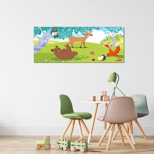 Runa Art Wandbild Kinderzimmer Wald 1 Teilig 100 x 40 cm Modern Bild auf Vlies Leinwand Waldtiere Babyzimmer Spielzimmer Grün 001812c