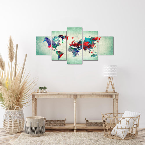 Runa Art Wandbilder Weltkarte 5 Teilig Bild auf Vlies Leinwand Deko Büro Wohnzimmer Kontinente Bunt Grün 105152b