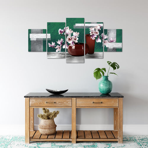 Runa Art Wandbilder Blumen Abstrakt 5 Teilig Bild auf Vlies Leinwand Deko Wohnzimmer Blumenvase Türkis Grau 035252b