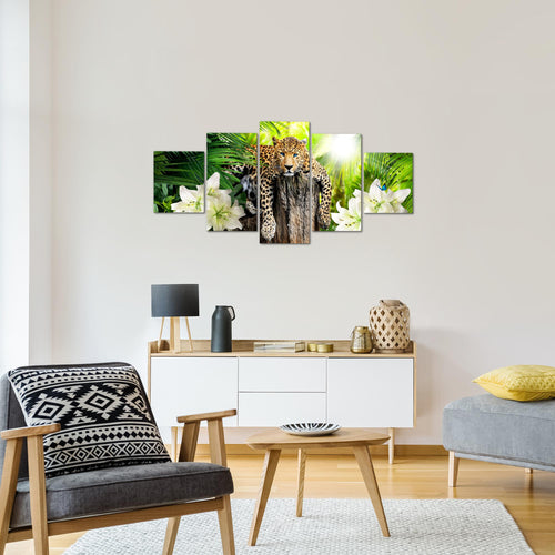 Runa Art Wandbilder Afrika Leopard 5 Teilig Bild auf Vlies Leinwand Deko Wohnzimmer Schlafzimmer Natur Savanne Grün 006752a