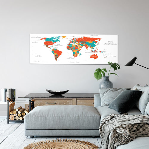 Runa Art Wandbild Weltkarte 100L x 40B cm Modern Bild auf Vlies Leinwand Türkis Orange Wohnzimmer Schlafzimmer Büro Weltkarte 057212a