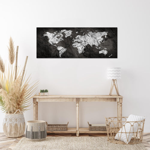 Runa Art Wandbild Weltkarte 1 Teilig 100 x 40 cm Modern Bild auf Vlies Leinwand Kontinente Büro Wohnzimmer Schwarz Weiss 002912a