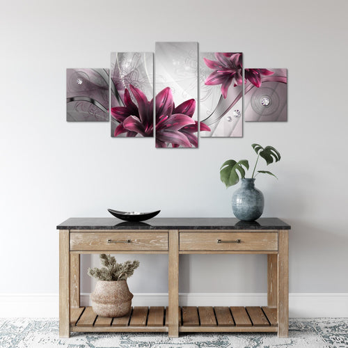 Runa Art Wandbilder Blumen Lilien 5 Teilig Bild auf Vlies Leinwand Deko Wohnzimmer Abstrakt Grau Rot 036852a