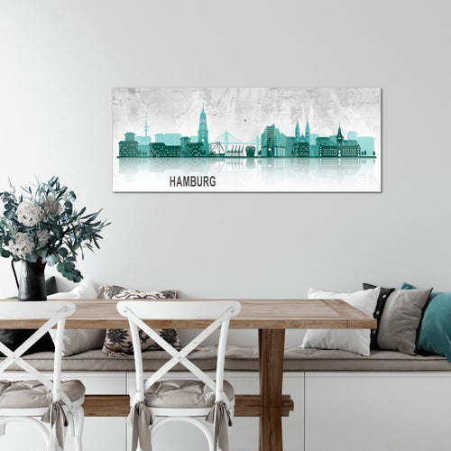Runa Art Wandbild Hamburg 1 Teilig 100 x 40 cm Modern Bild auf Vlies Leinwand Abstrakt Wohnzimmer Schlafzimmer Türkis Grau 035912b